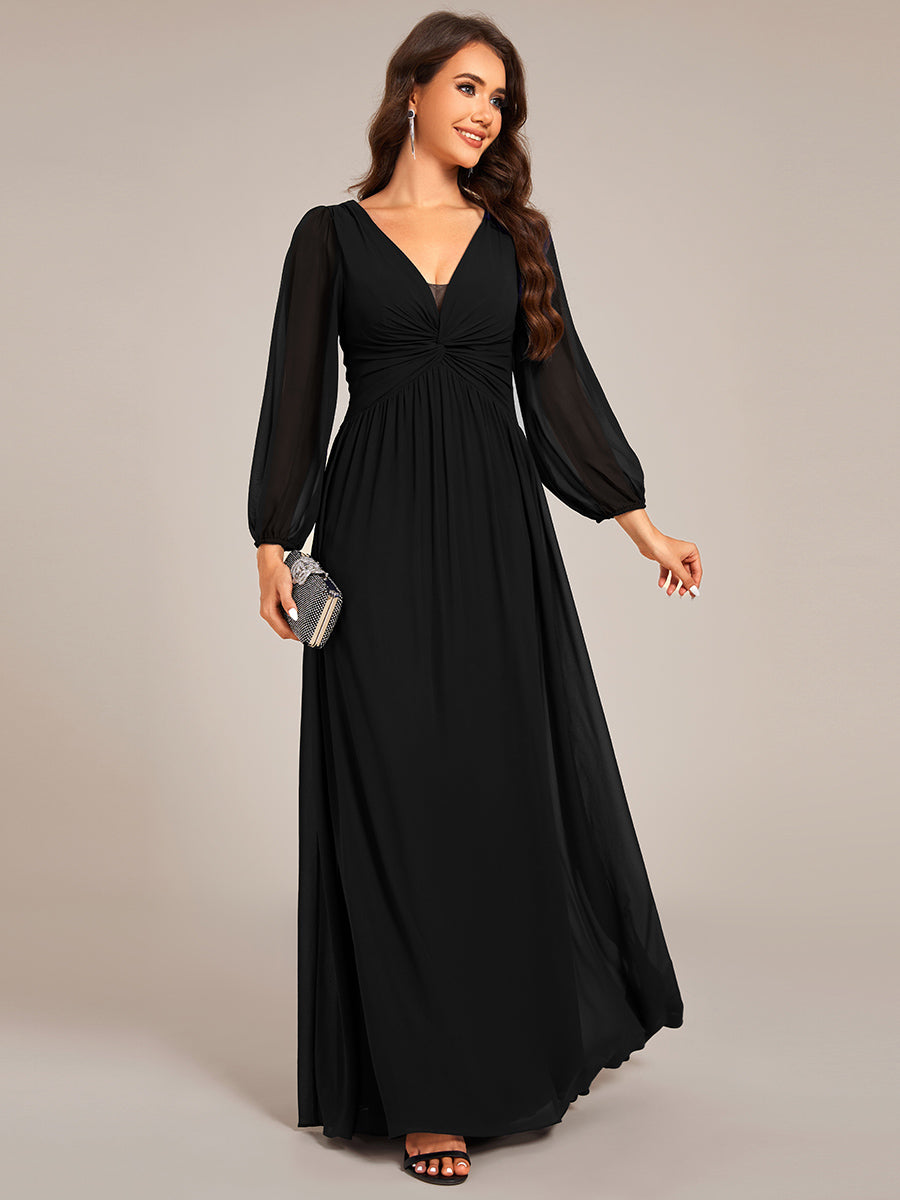 Graceful Chiffon A-Line Pleated Long Sleeves Formal Evening Dress #color_Black