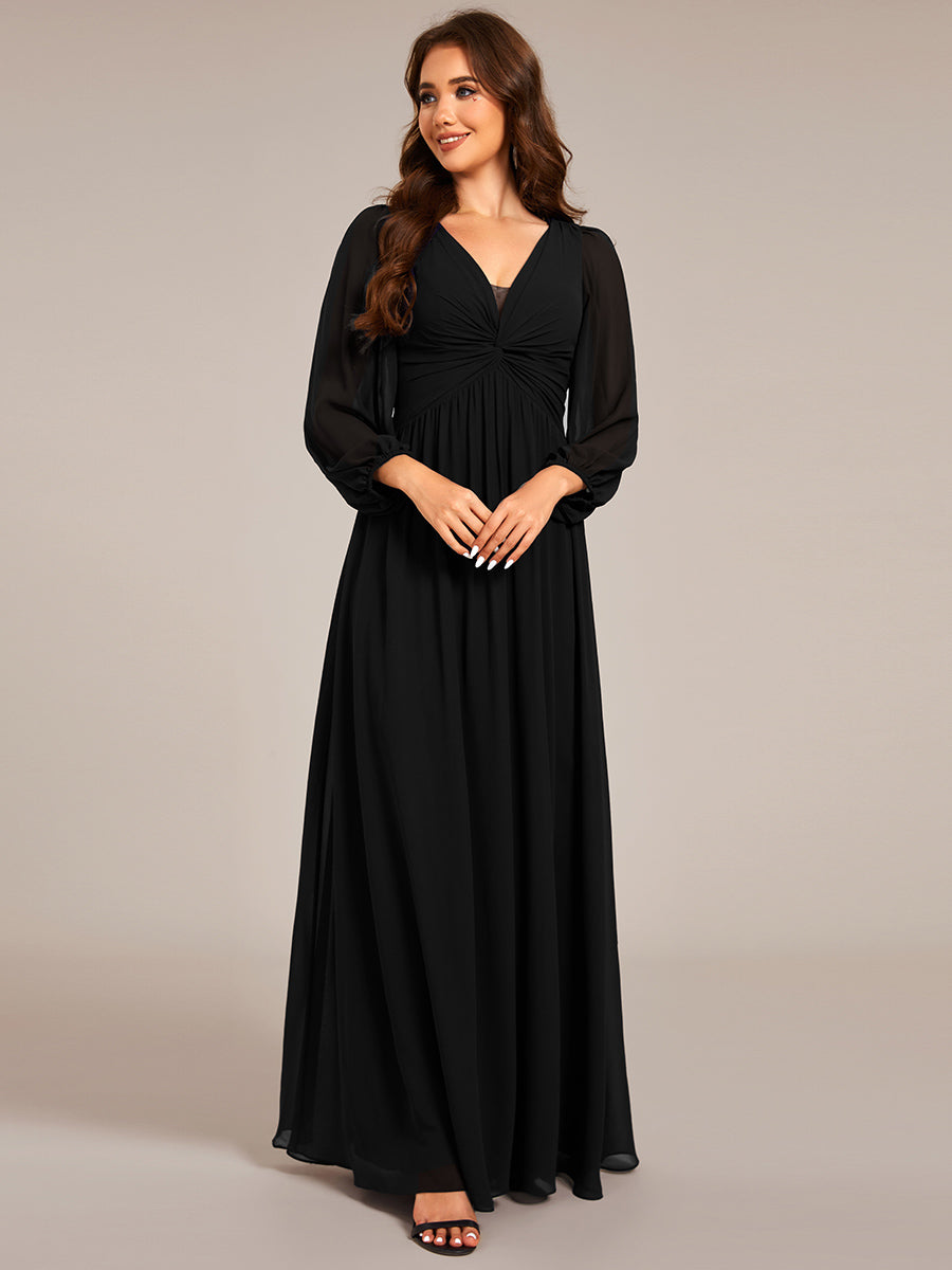 Graceful Chiffon A-Line Pleated Long Sleeves Formal Evening Dress #color_Black