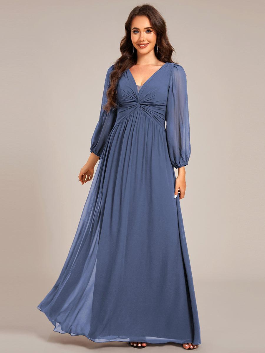 Graceful Chiffon A-Line Pleated Long Sleeves Formal Evening Dress #color_Dusty Blue