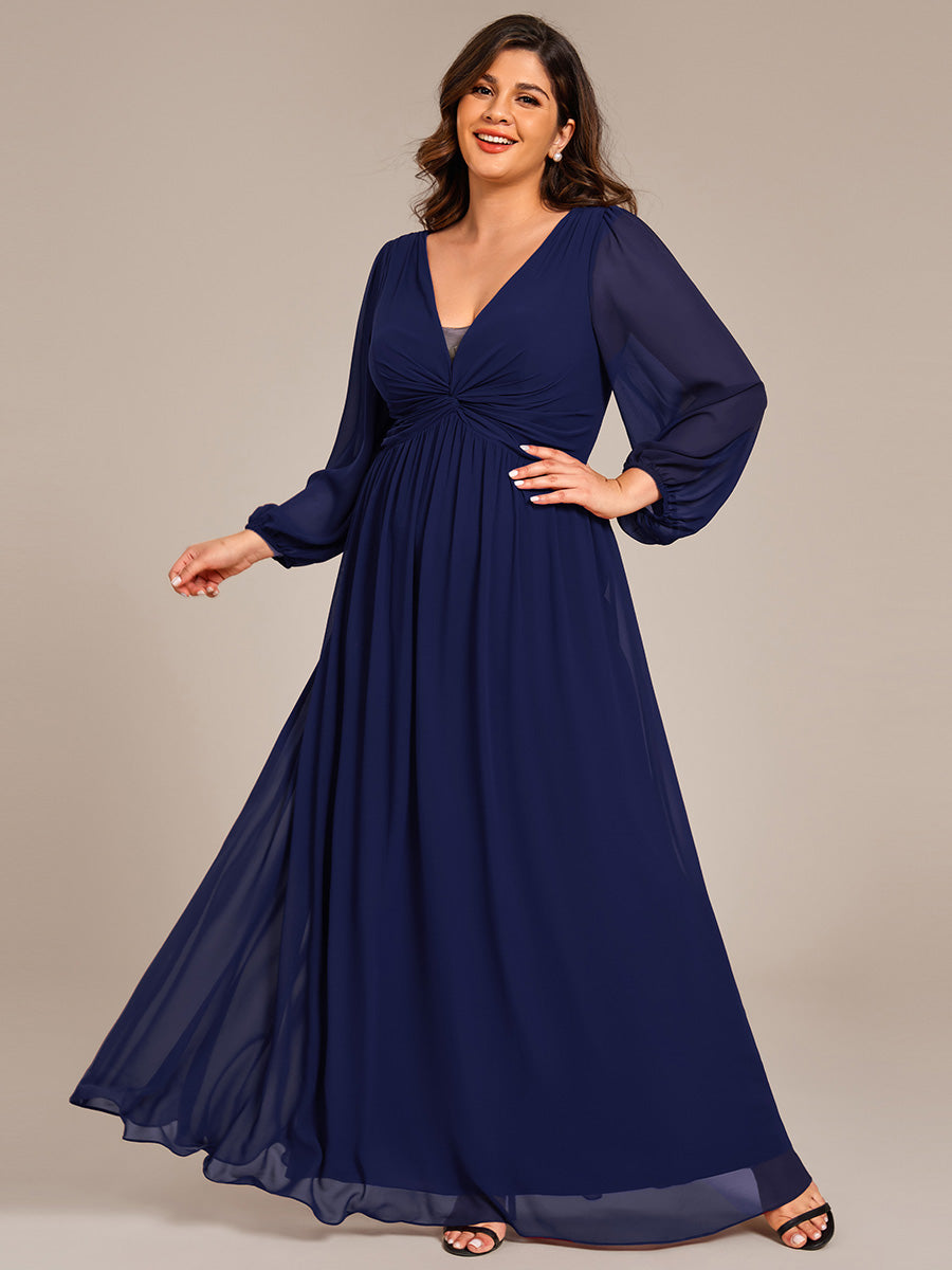 Graceful Chiffon A-Line Pleated Long Sleeves Formal Evening Dress #color_Navy Blue