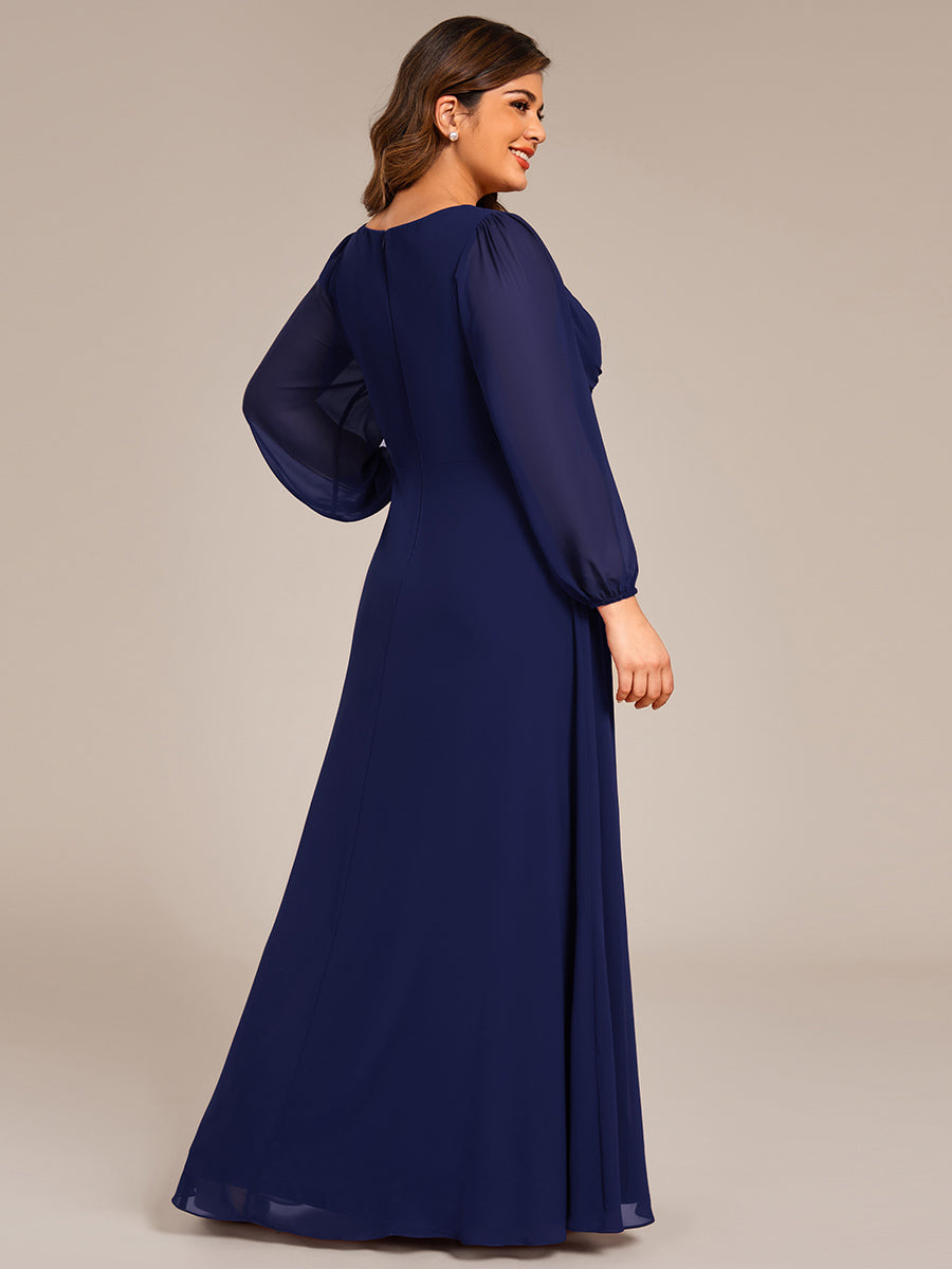 Graceful Chiffon A-Line Pleated Long Sleeves Formal Evening Dress #color_Navy Blue