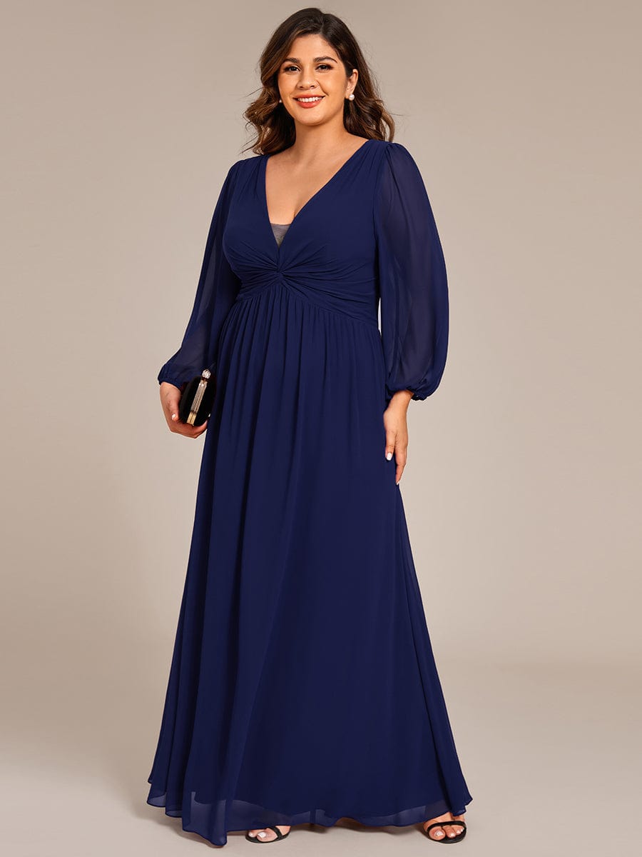 Plus Size A-Line Pleated Long Lantern Sleeves Chiffon Formal Evening Dress #color_Navy Blue