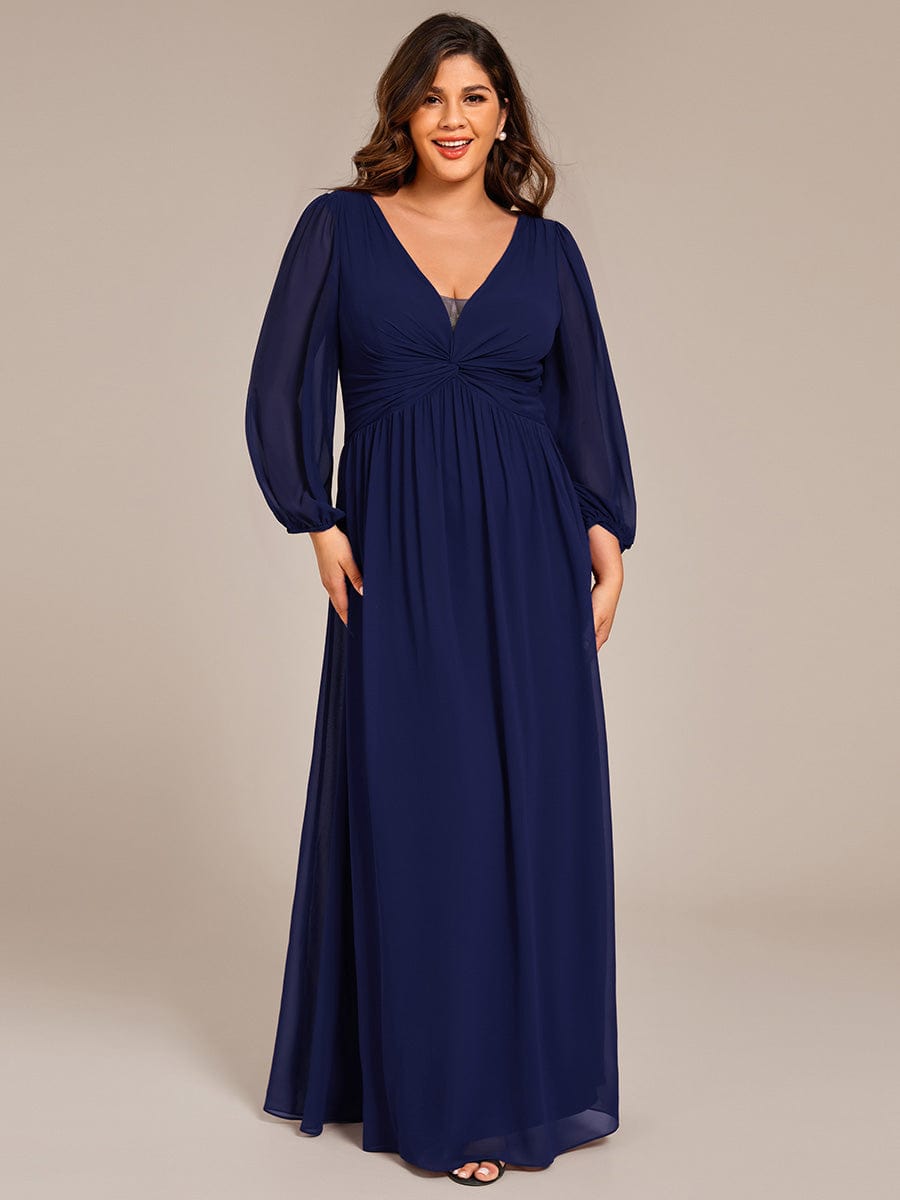 Plus Size A-Line Pleated Long Lantern Sleeves Chiffon Formal Evening Dress #color_Navy Blue