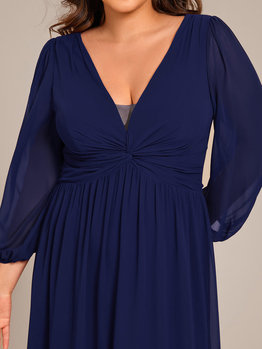 Graceful Chiffon A-Line Pleated Long Sleeves Formal Evening Dress #color_Navy Blue