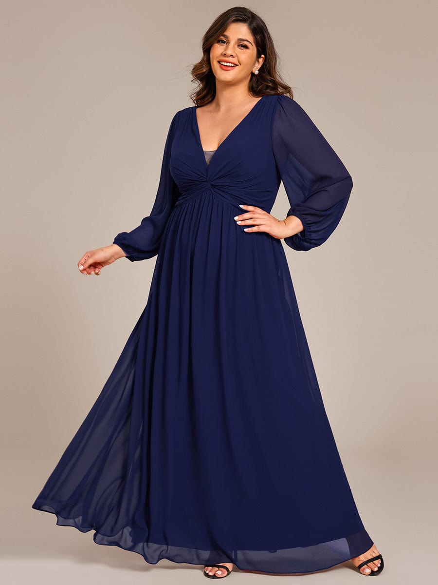 Plus Size A-Line Pleated Long Lantern Sleeves Chiffon Formal Evening Dress #color_Navy Blue