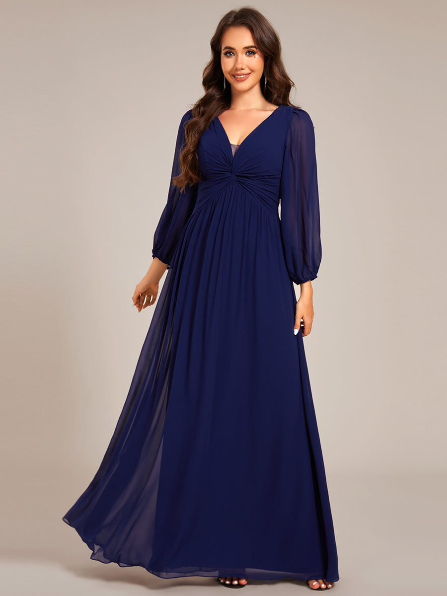 Graceful Chiffon A-Line Pleated Long Sleeves Formal Evening Dress #color_Navy Blue