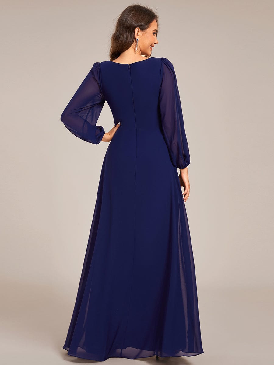 Graceful Chiffon A-Line Pleated Long Sleeves Formal Evening Dress #color_Navy Blue