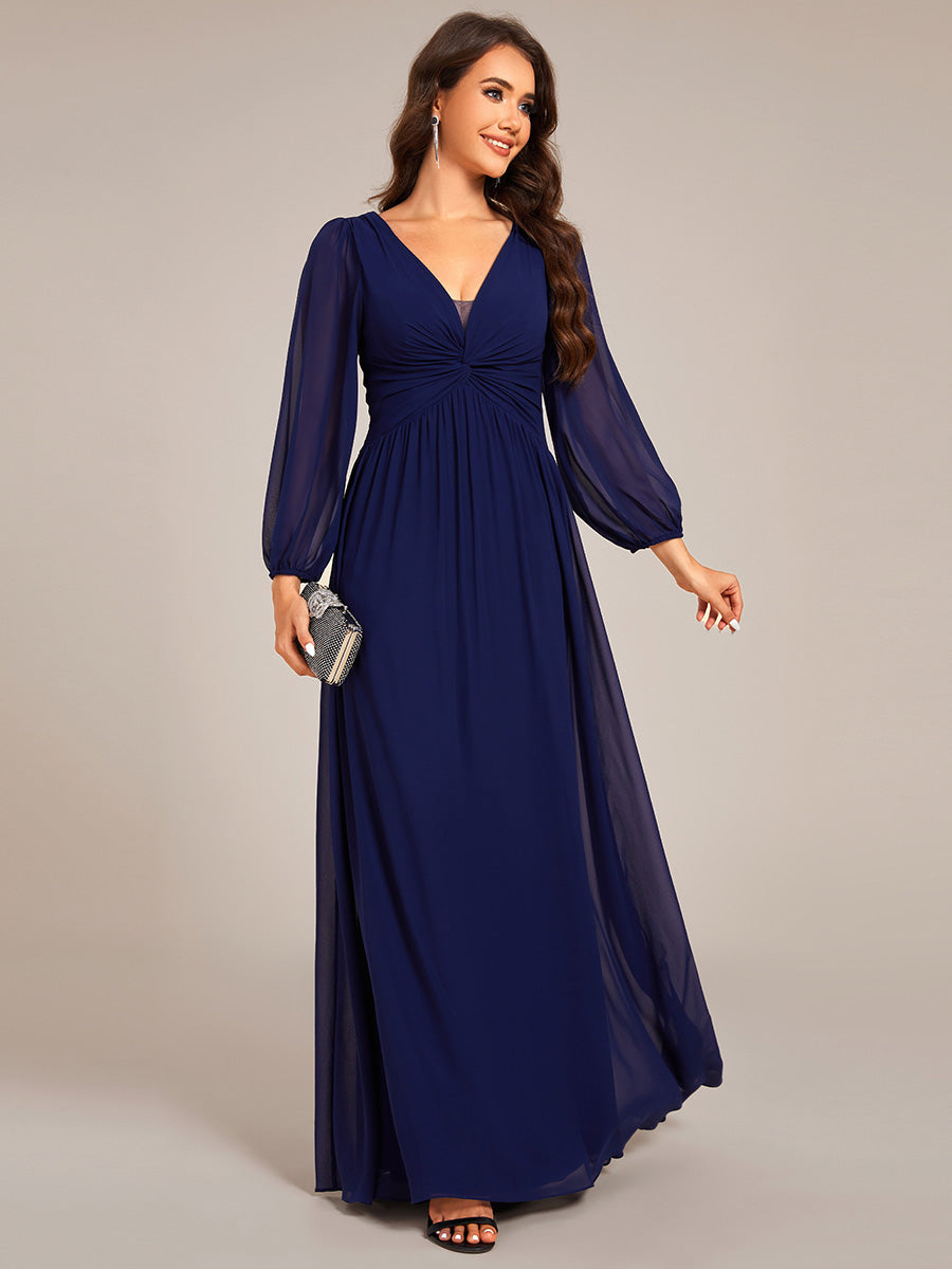 Graceful Chiffon A-Line Pleated Long Sleeves Formal Evening Dress #color_Navy Blue