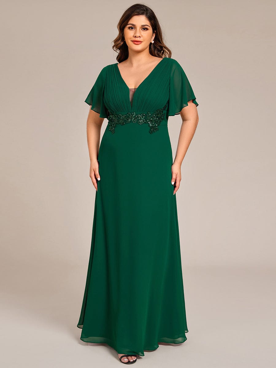 Plus Size Short Sleeve Waist Applique V-Neck Maxi Formal Evening Dress #color_Dark Green