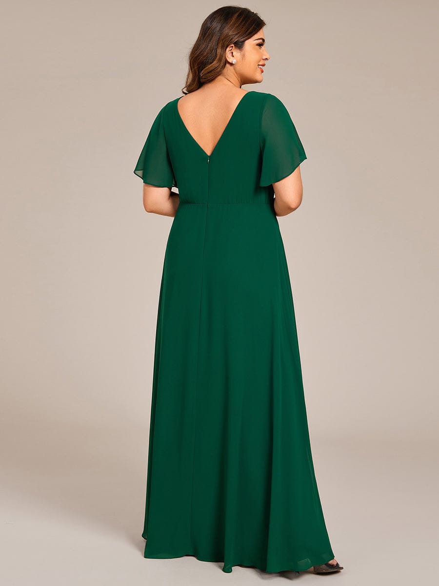 Elegant Pleated Short Sleeve Deep V-Neck Maxi Formal Evening Dress #color_Dark Green