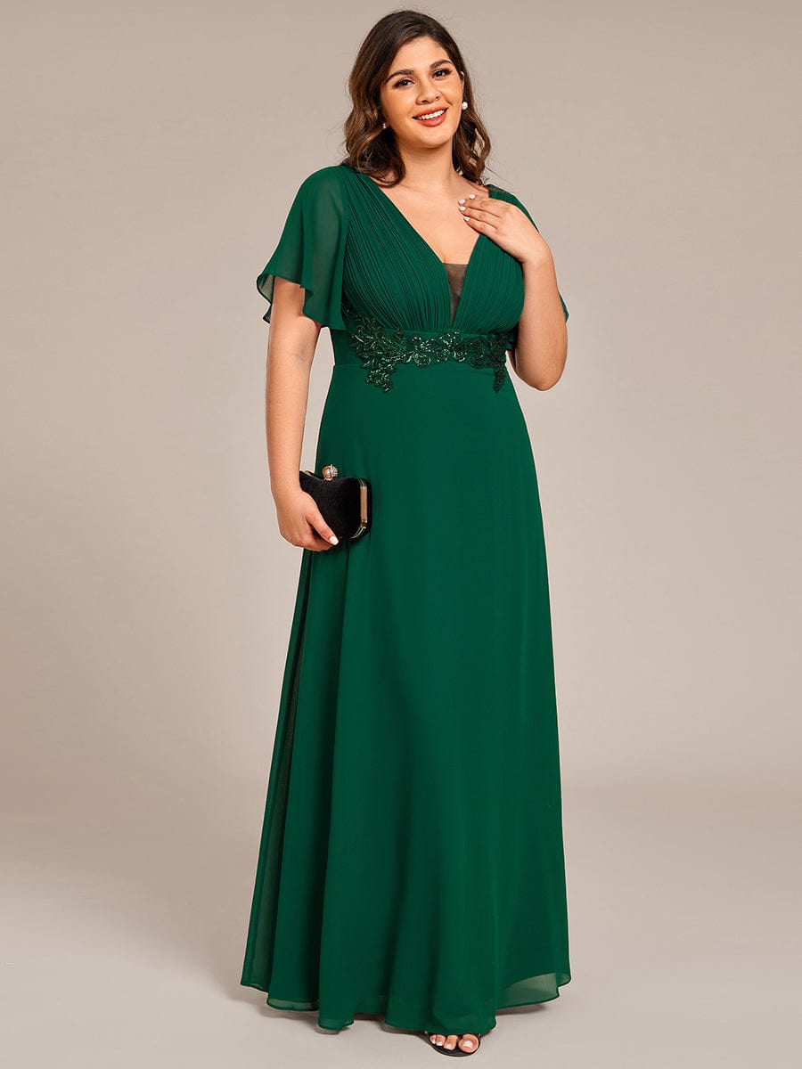 Plus Size Short Sleeve Waist Applique V-Neck Maxi Formal Evening Dress #color_Dark Green