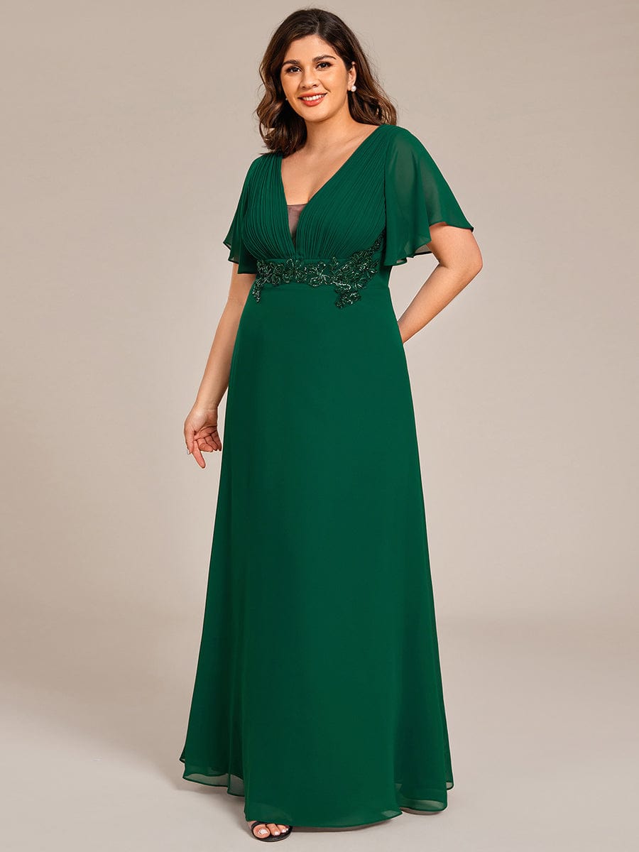 Elegant Pleated Short Sleeve Deep V-Neck Maxi Formal Evening Dress #color_Dark Green