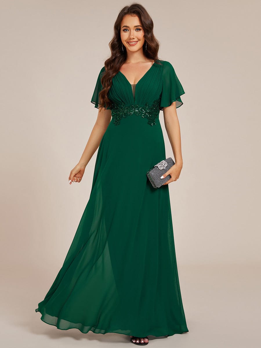 Elegant Pleated Short Sleeve Deep V-Neck Maxi Formal Evening Dress #color_Dark Green