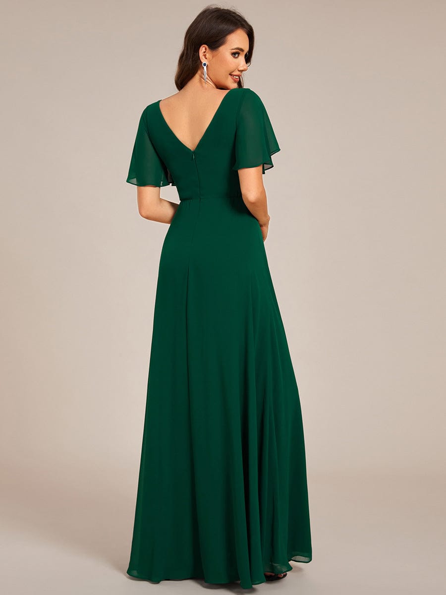 Elegant Pleated Short Sleeve Deep V-Neck Maxi Formal Evening Dress #color_Dark Green