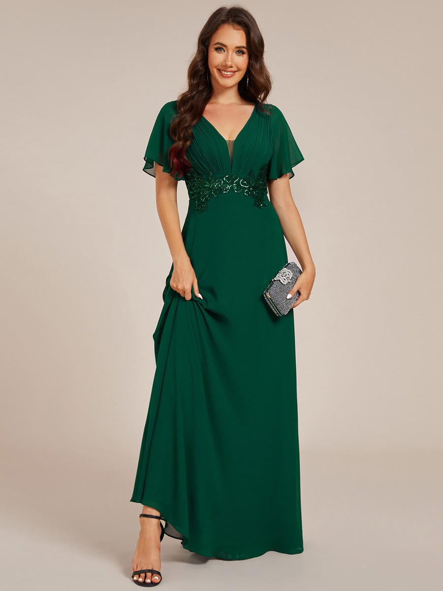 Elegant Pleated Short Sleeve Deep V-Neck Maxi Formal Evening Dress #color_Dark Green