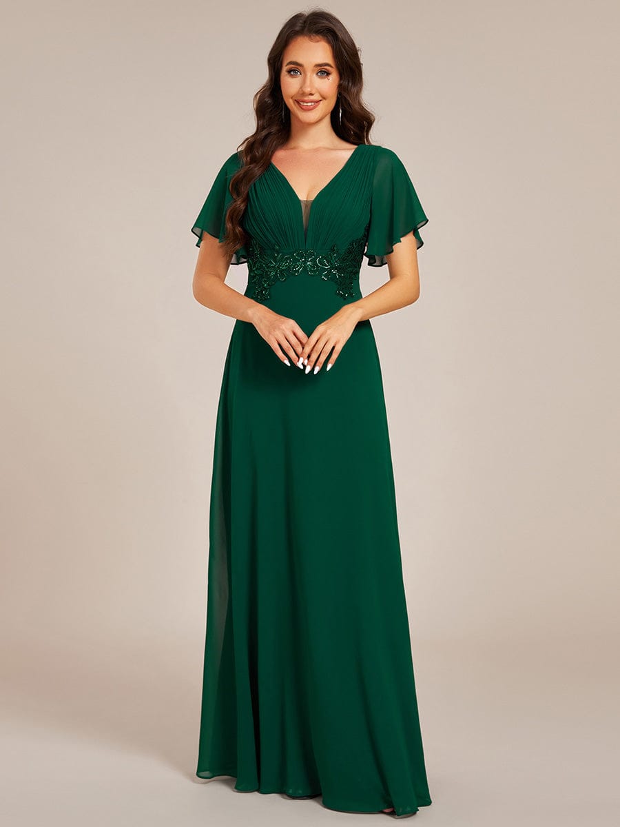 Elegant Pleated Short Sleeve Deep V-Neck Maxi Formal Evening Dress #color_Dark Green