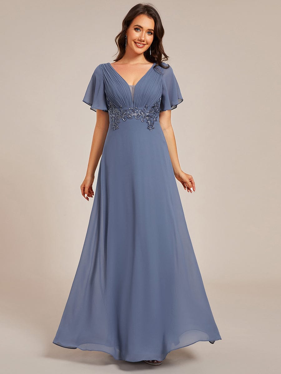 Elegant Pleated Short Sleeve Deep V-Neck Maxi Formal Evening Dress #color_Dusty Blue