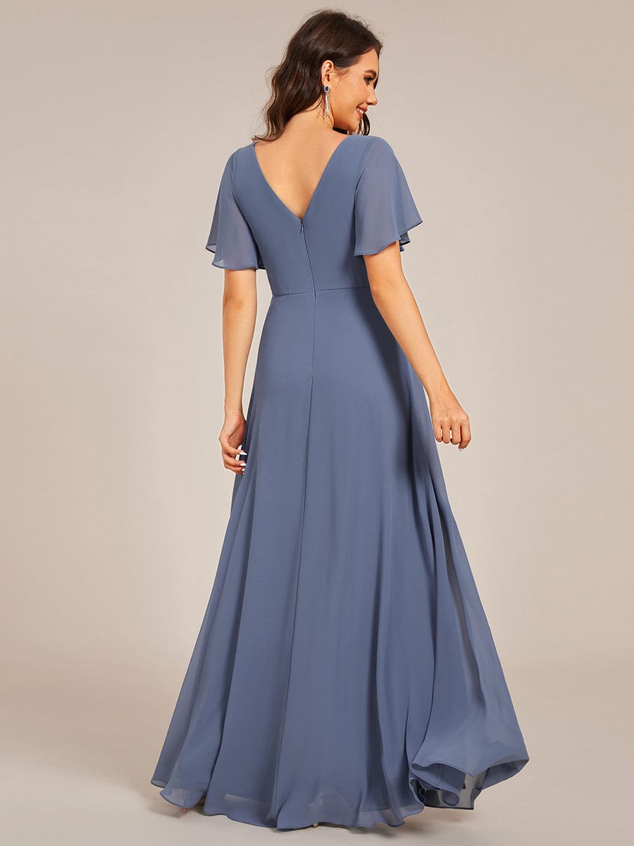 Elegant Pleated Short Sleeve Deep V-Neck Maxi Formal Evening Dress #color_Dusty Blue