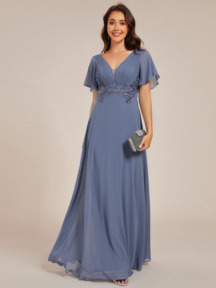 Elegant Pleated Short Sleeve Deep V-Neck Maxi Formal Evening Dress #color_Dusty Navy