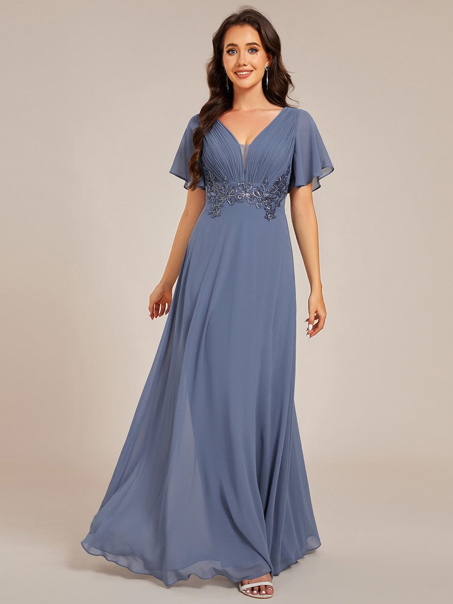 Elegant Pleated Short Sleeve Deep V-Neck Maxi Formal Evening Dress #color_Dusty Navy