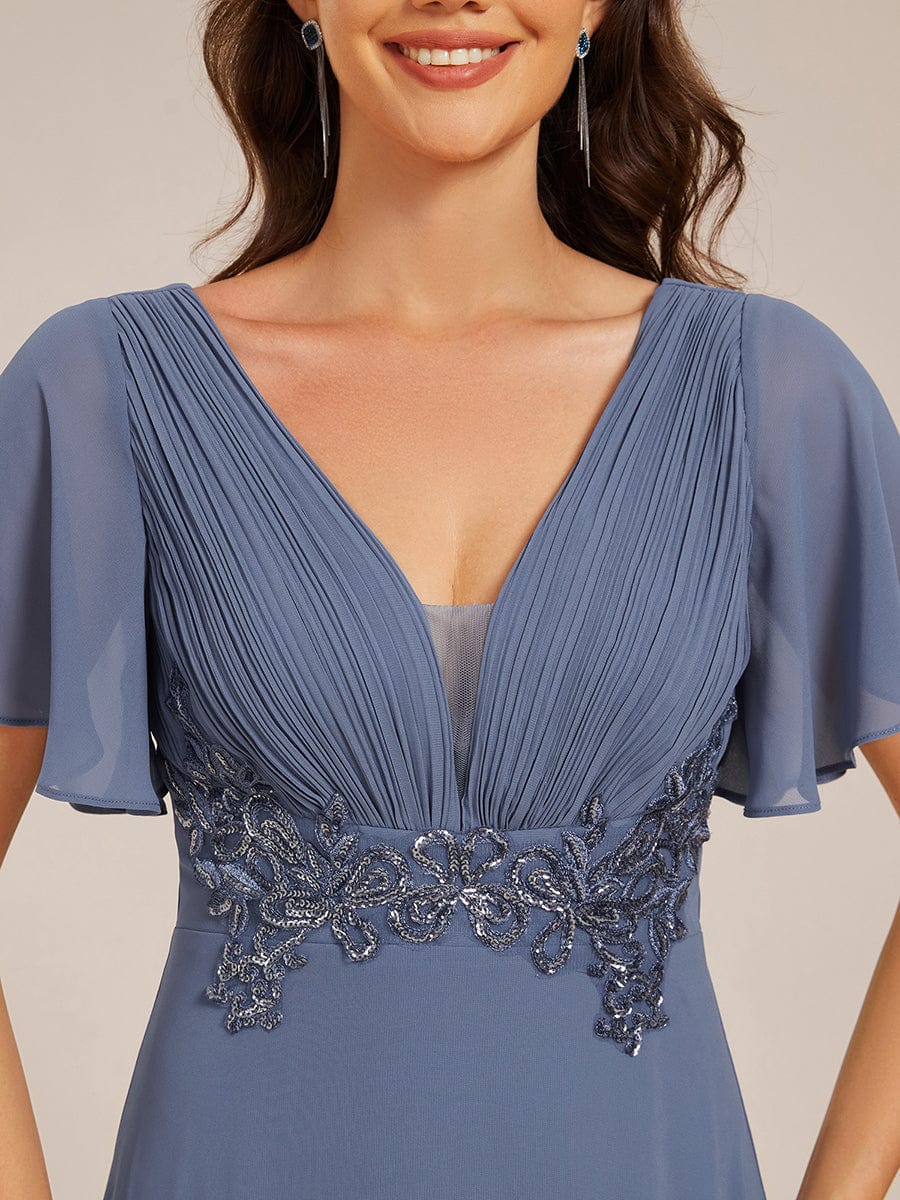 Elegant Pleated Short Sleeve Deep V-Neck Maxi Formal Evening Dress #color_Dusty Blue