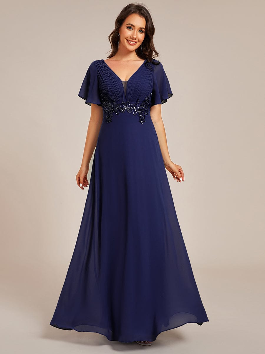 Elegant Pleated Short Sleeve Deep V-Neck Maxi Formal Evening Dress #color_Navy Blue