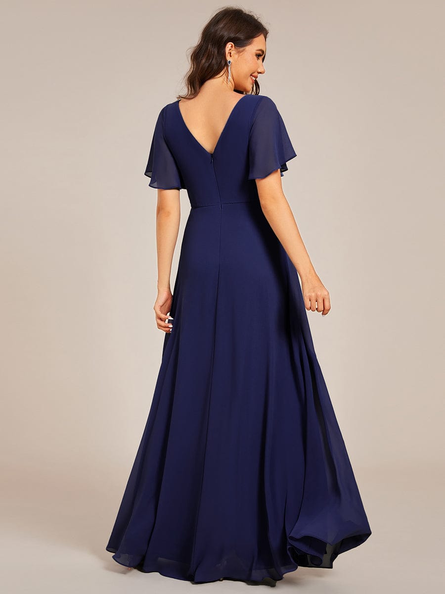 Elegant Pleated Short Sleeve Deep V-Neck Maxi Formal Evening Dress #color_Navy Blue