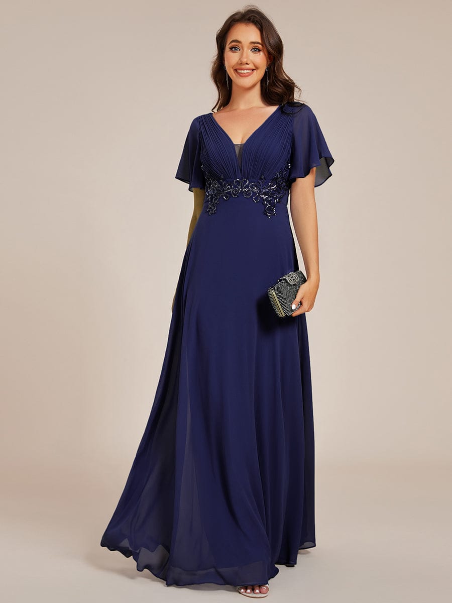 Elegant Pleated Short Sleeve Deep V-Neck Maxi Formal Evening Dress #color_Navy Blue