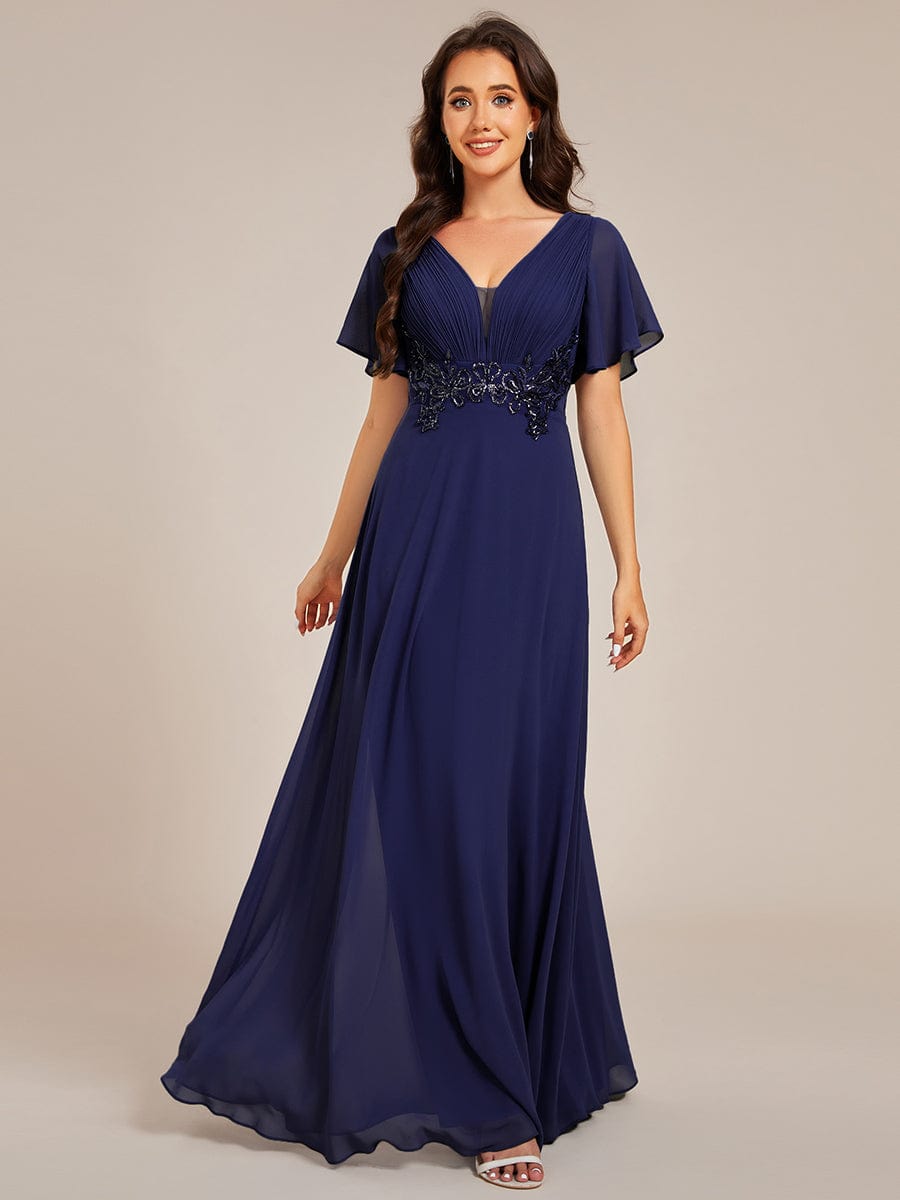 Elegant Pleated Short Sleeve Deep V-Neck Maxi Formal Evening Dress #color_Navy Blue