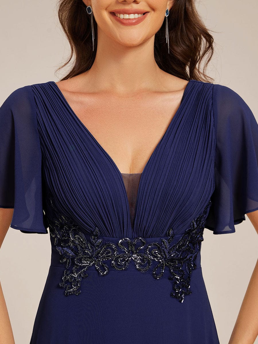 Elegant Pleated Short Sleeve Deep V-Neck Maxi Formal Evening Dress #color_Navy Blue