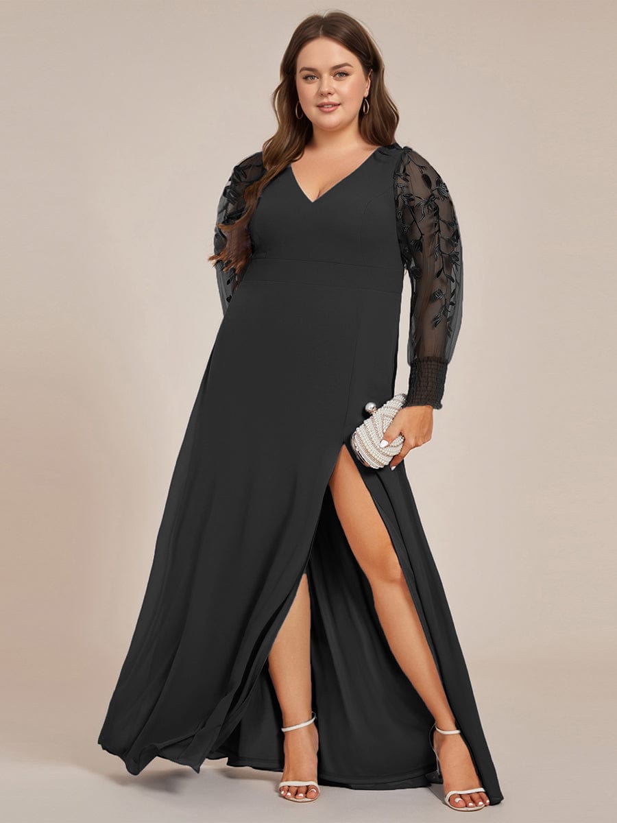 See-Through Long Sleeve V-Neck High Slit Chiffon Formal Evening Dress #color_Black