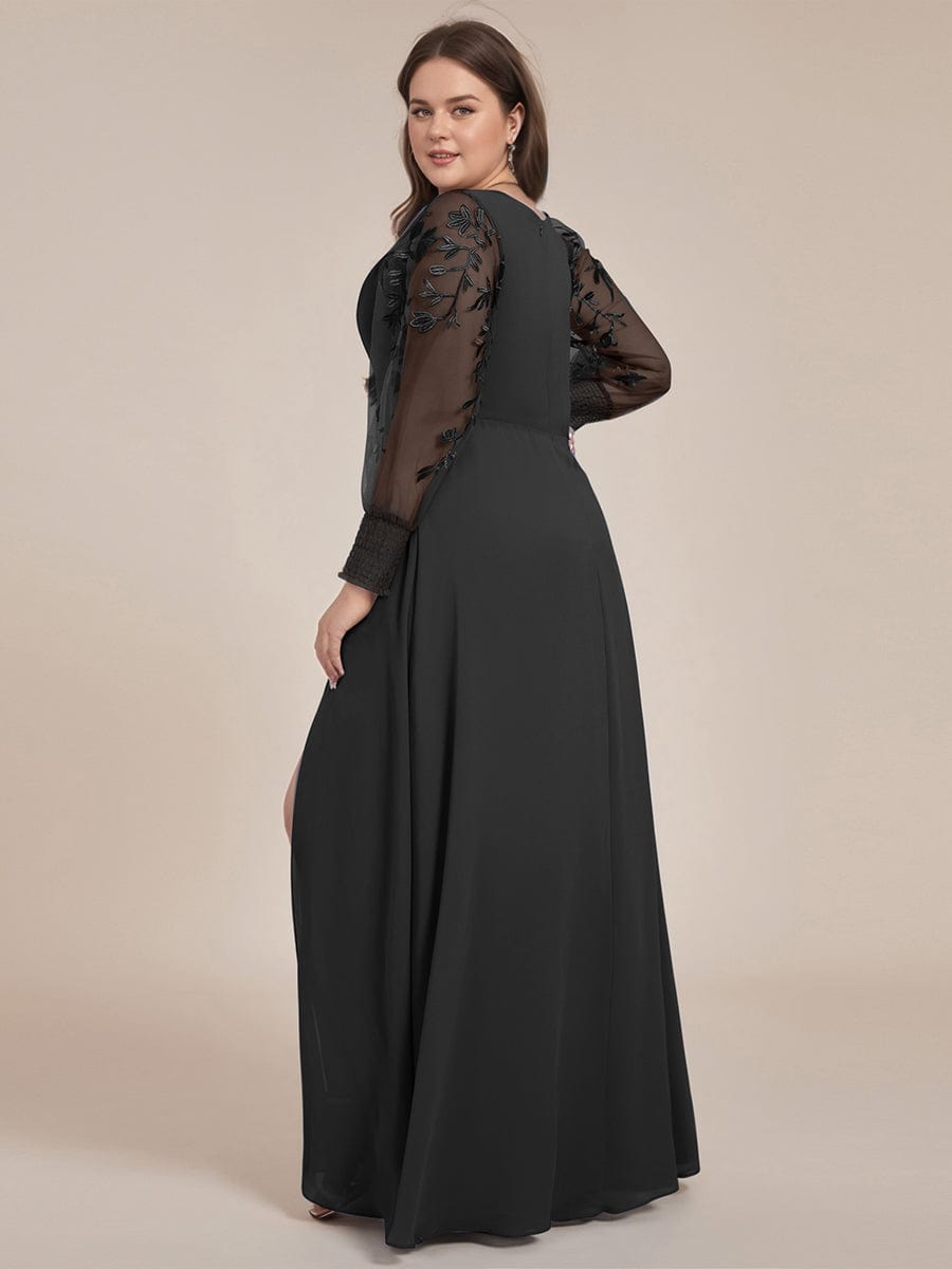 See-Through Long Sleeve V-Neck High Slit Chiffon Formal Evening Dress #color_Black