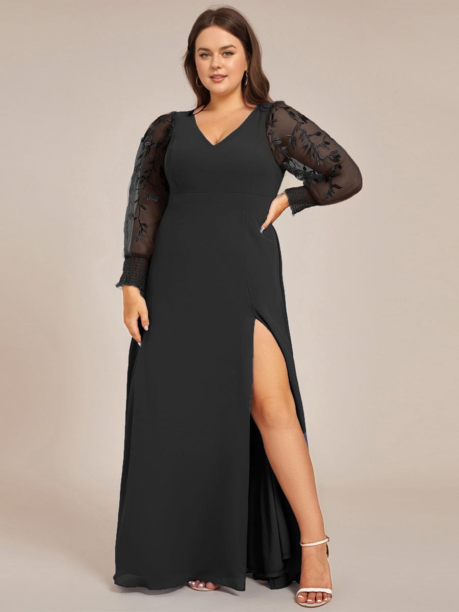 Plus Size High Slit Embroidered Long Sleeve Chiffon Formal Evening Dress #color_Black