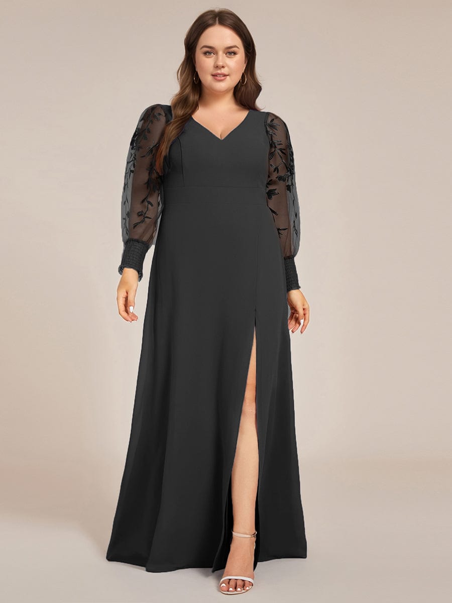 Plus Size High Slit Embroidered Long Sleeve Chiffon Formal Evening Dress #color_Black