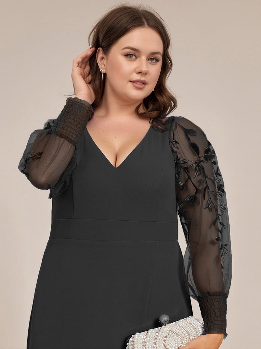 Plus Size High Slit Embroidered Long Sleeve Chiffon Formal Evening Dress #color_Black