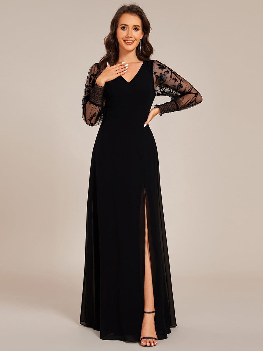 See-Through Long Sleeve V-Neck High Slit Chiffon Formal Evening Dress #color_Black