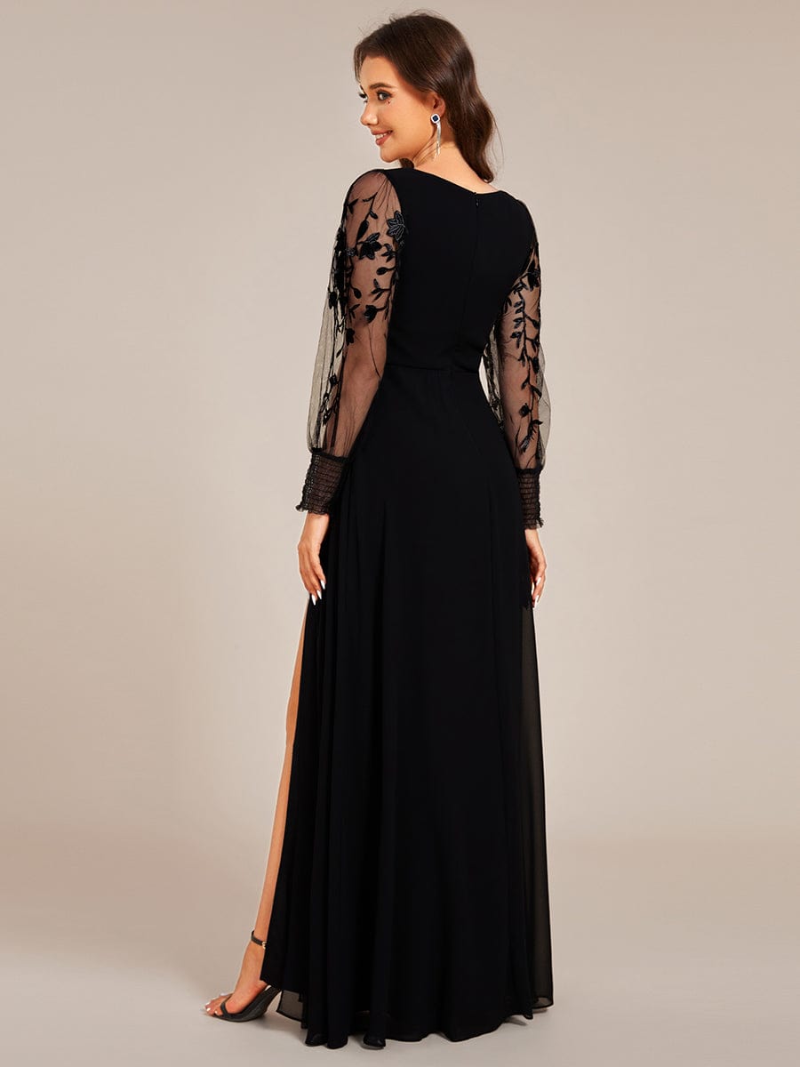 See-Through Long Sleeve V-Neck High Slit Chiffon Formal Evening Dress #color_Black