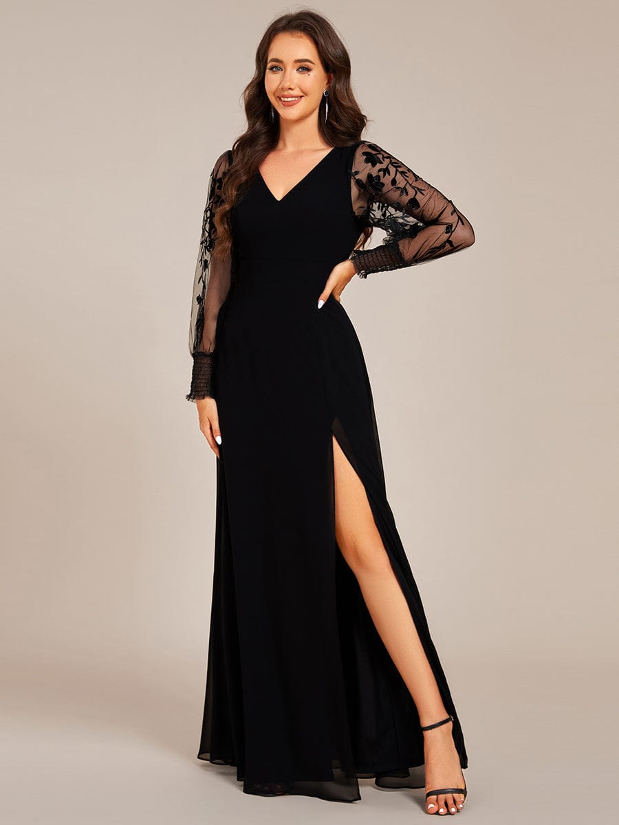 See-Through Long Sleeve V-Neck High Slit Chiffon Formal Evening Dress #color_Black