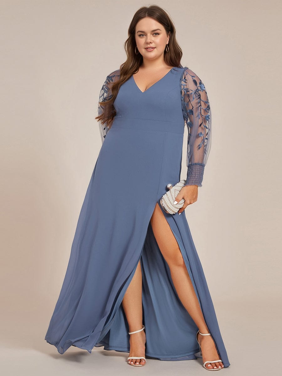 Plus Size High Slit Embroidered Long Sleeve Chiffon Formal Evening Dress #color_Dusty Navy