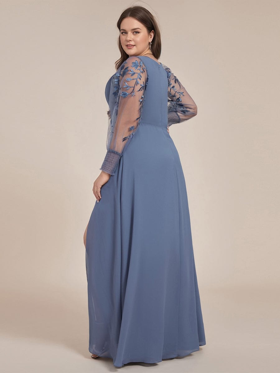 Plus Size High Slit Embroidered Long Sleeve Chiffon Formal Evening Dress #color_Dusty Blue