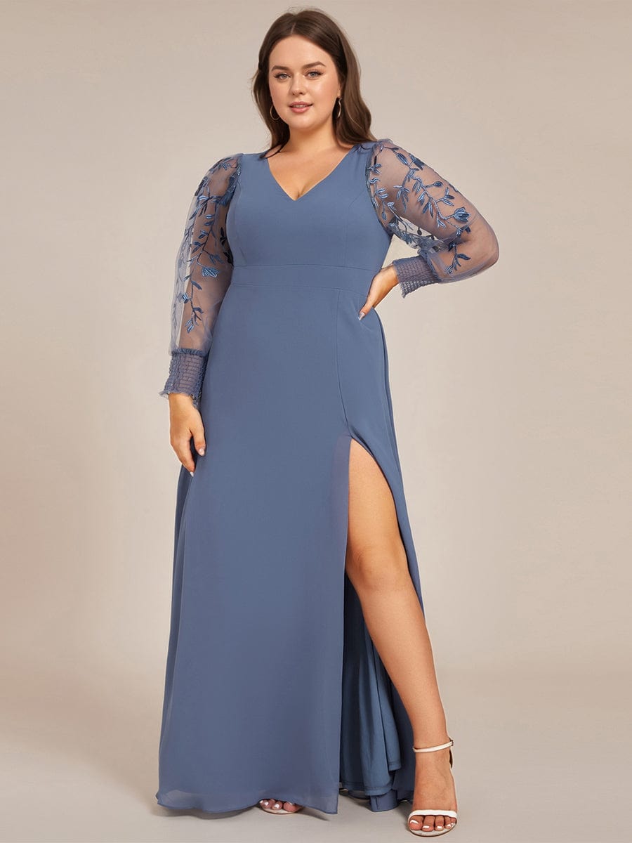 See-Through Long Sleeve V-Neck High Slit Chiffon Formal Evening Dress #color_Dusty Blue