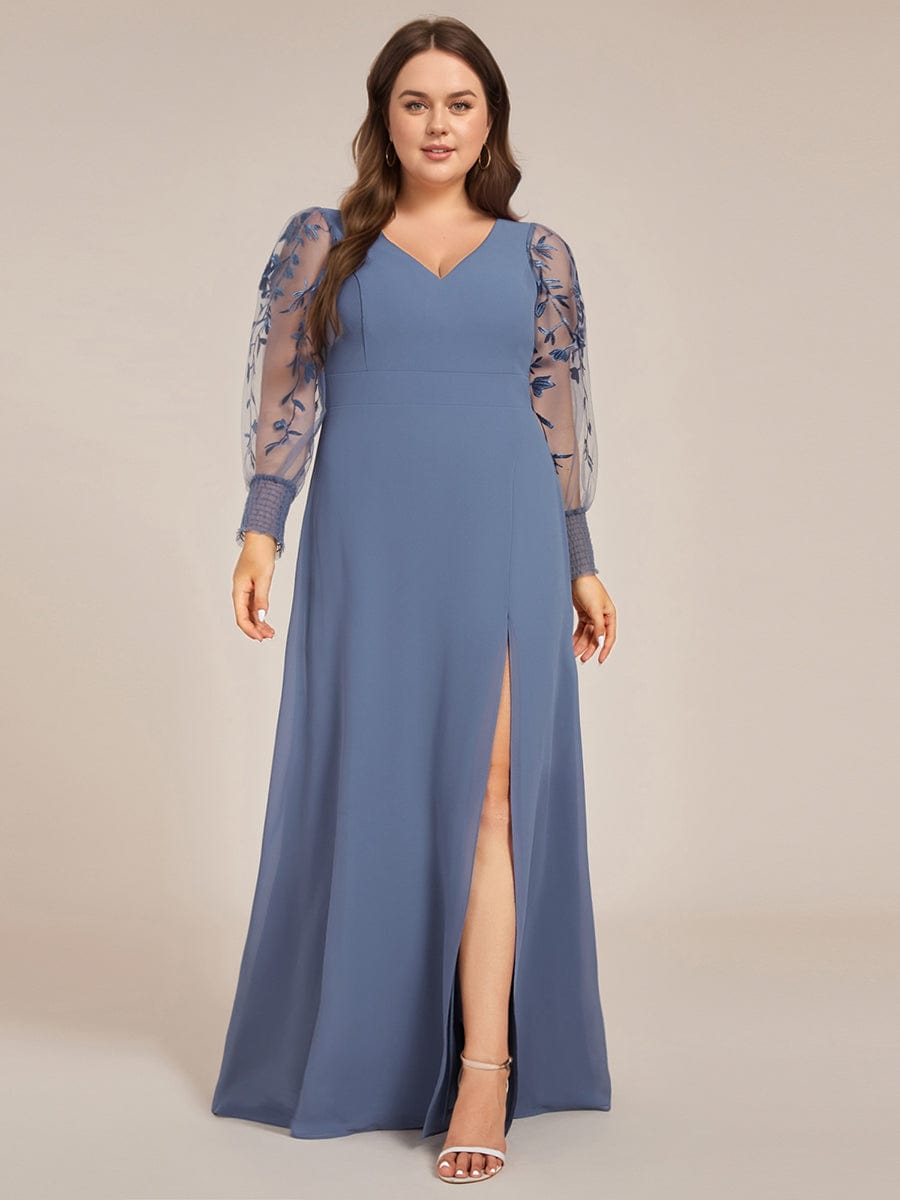 Plus Size High Slit Embroidered Long Sleeve Chiffon Formal Evening Dress #color_Dusty Navy