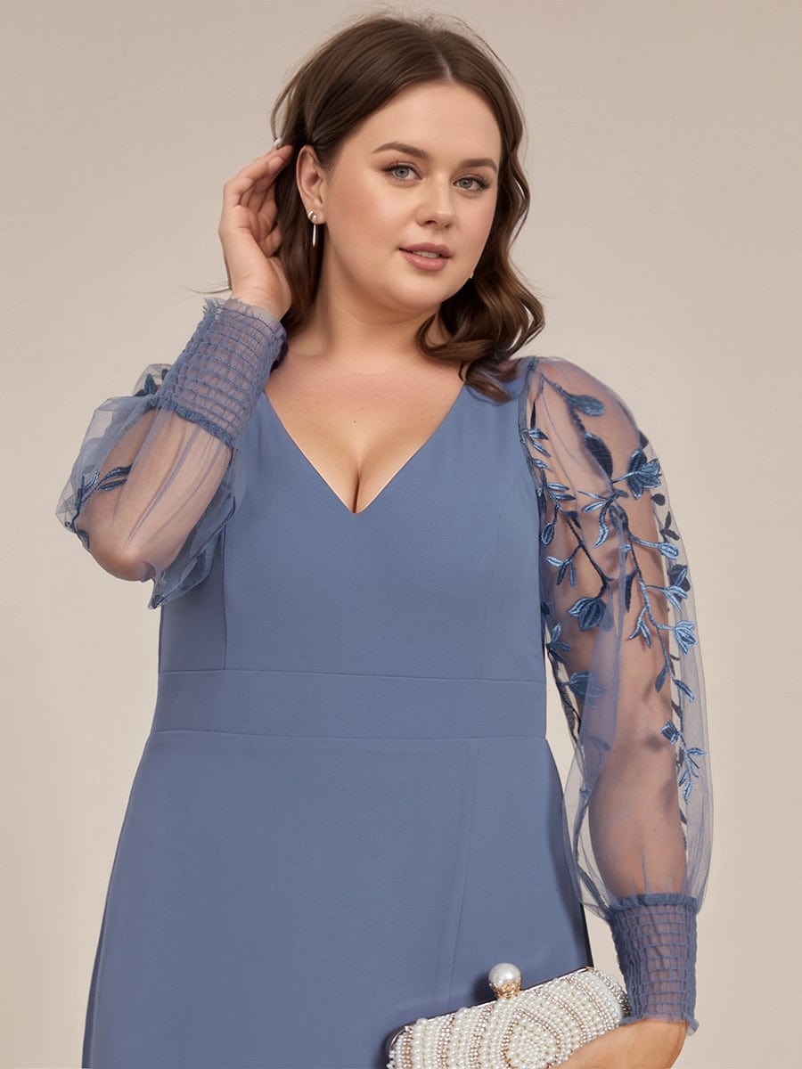 Plus Size High Slit Embroidered Long Sleeve Chiffon Formal Evening Dress #color_Dusty Navy