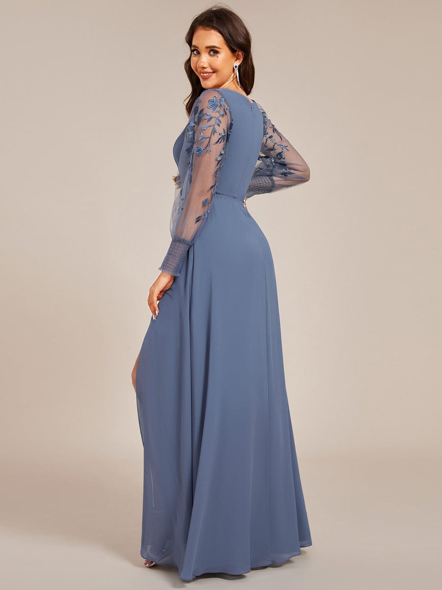 See-Through Long Sleeve V-Neck High Slit Chiffon Formal Evening Dress #color_Dusty Blue