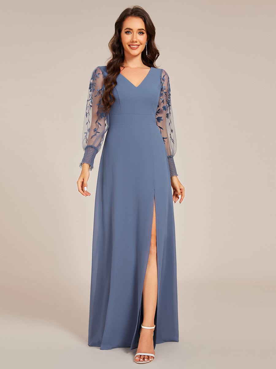 See-Through Long Sleeve V-Neck High Slit Chiffon Formal Evening Dress #color_Dusty Navy