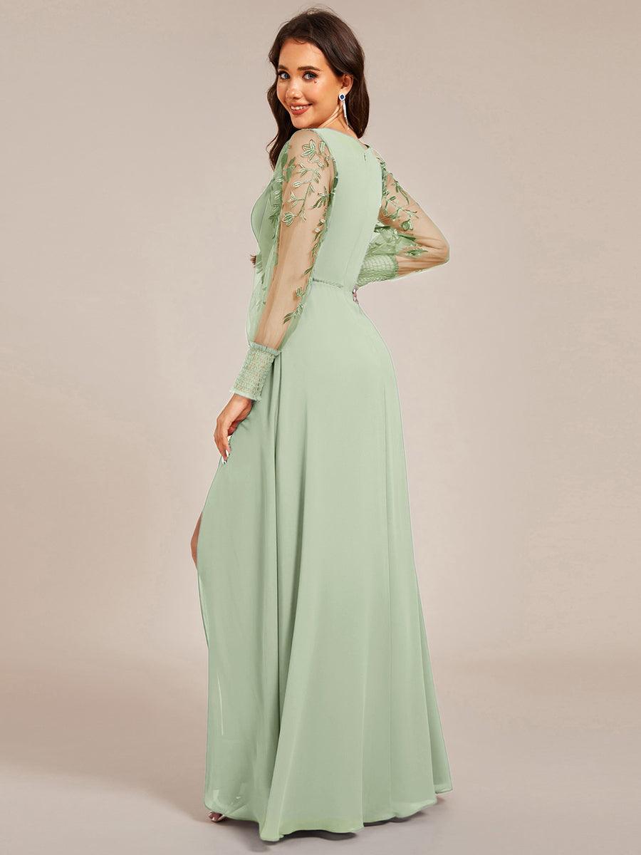 See-Through Long Sleeve V-Neck High Slit Chiffon Formal Evening Dress #color_Mint Green