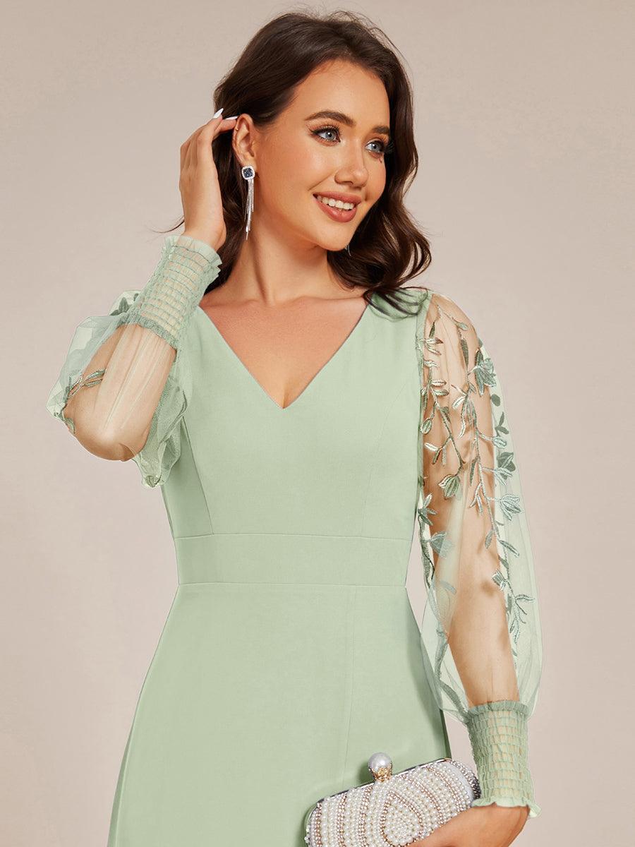 See-Through Long Sleeve V-Neck High Slit Chiffon Formal Evening Dress #color_Mint Green