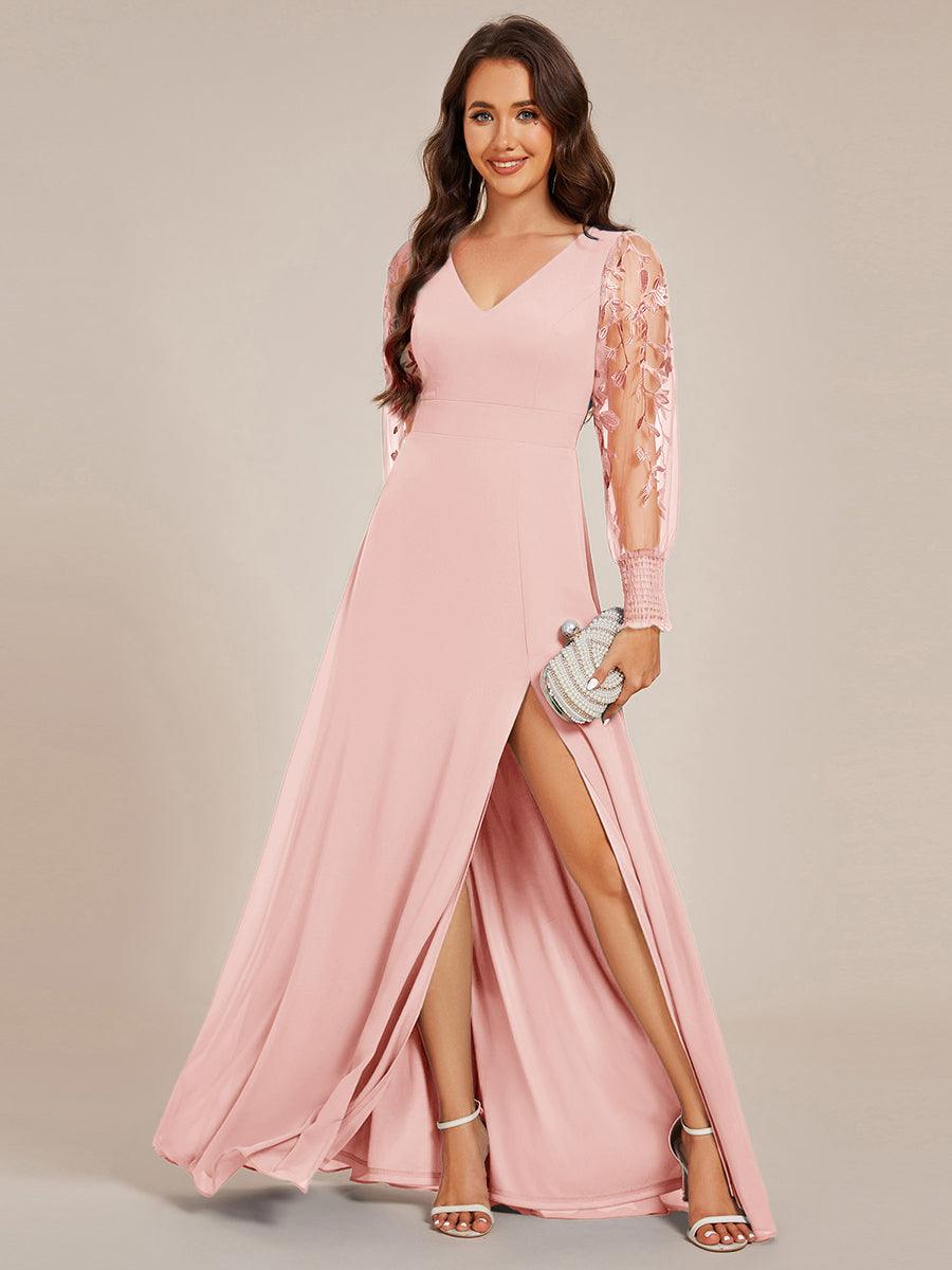 See-Through Long Sleeve V-Neck High Slit Chiffon Formal Evening Dress #color_Pink