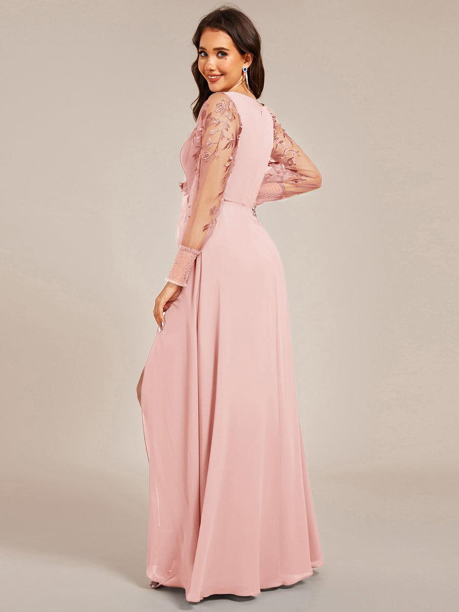 See-Through Long Sleeve V-Neck High Slit Chiffon Formal Evening Dress #color_Pink