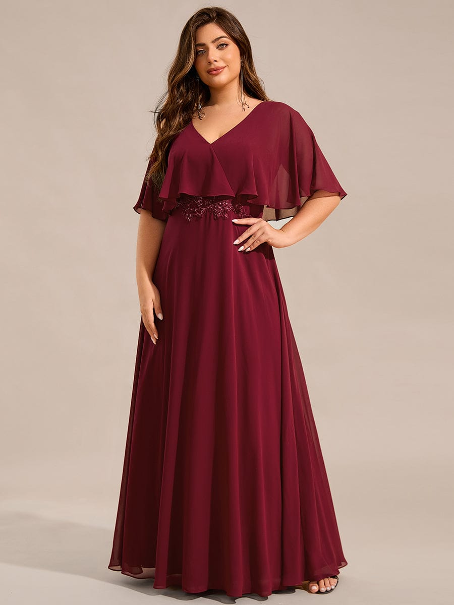 Plus Size Chiffon Formal Maxi Dress with Batwing Sleeves #color_Burgundy